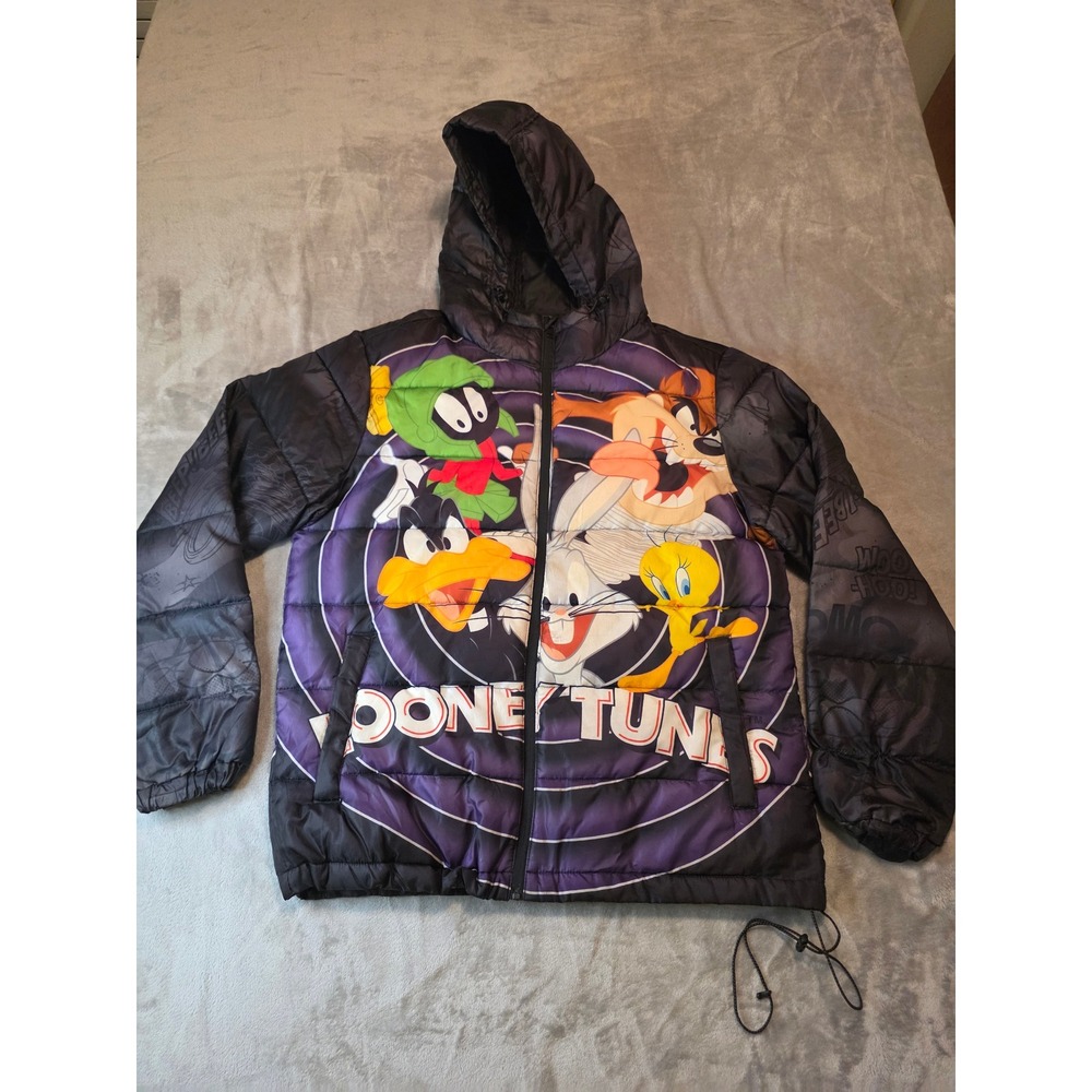Looney Tunes Puffer Jacket Mens Large Black Purple Graphic Hooded Padded Coat
